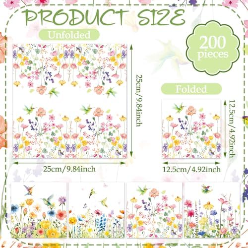 Fulmoon 200 Pieces Spring Wildflower Cocktail Napkins Disposable Floral Decoupage Paper Napkins Decorative Hummingbird Flower Beverage Towel for Spring Summer Party Favor Supplies