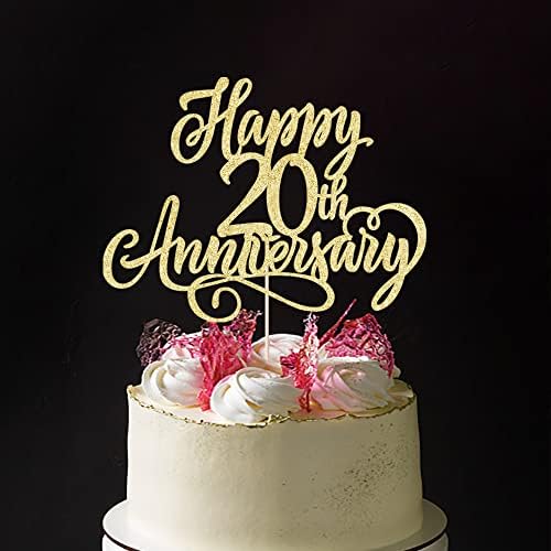 golden Glitter Happy 20th Anniversary Cake Topper - for Wedding Anniversary/Company Anniversary Party / 20th Birthday Party Decorations