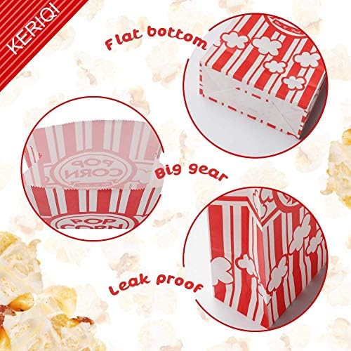 Keriqi Flat Bottom Popcorn Bags, 100 Pcs Paper Popcorn Bags for Family Movie Night Baseball Themed Carnival Christmas Birthday Party