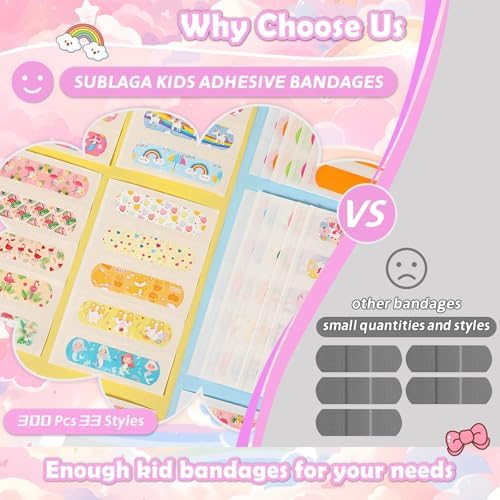 Sublaga 33 Styles Kids Cartoon Bandages 300 Pcs Adhesive Flexible Unicorn Bandages Cartoon Bandages Variety Pack Waterproof Protect Scrapes and Cuts for Girls Boys Children Toddlers(Cute)