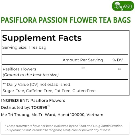 TOG999, Premium 120 Pasiflora Pasion Flower Tea Bags, 100% Natural & Pure Pasiflora Passion Flower, Herbal Tea. No Sugar, No Caffeine, No Gluten, Vegan.