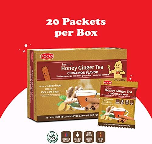 Pocas Honey Ginger Instant Tea Powder, Cinnamon Flavor, Ginger Extract & Real Honey, Caffeine-Free Tea, 20 Packets