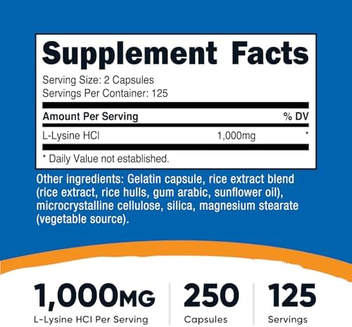 Nutricost L-Lysine 1000mg, 250 Capsules - 500mg Per Cap, Gluten Free, Non-GMO