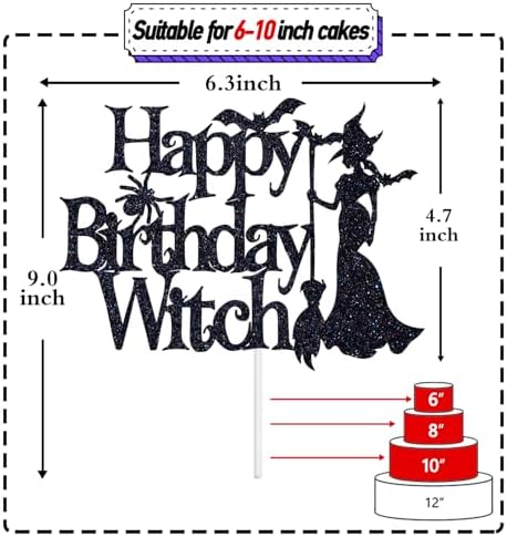 Happy Birthday Witch Cake Topper, Hocus Pocus Theme Birthday Cake Decor,Halloween Birthday Party Decorations Supplies for Girls Women, Black Glitter