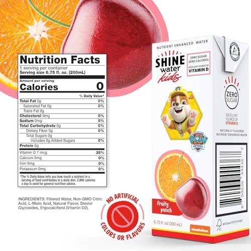 Shine Water x Paw Patrol Fruit Punch Kids Juice Boxes with Vitamin D 32-Pack | No Added Sugar | Naturally Flavored Drinks for Kids | Vegan, Gluten Free, Zero Calorie Hydration
