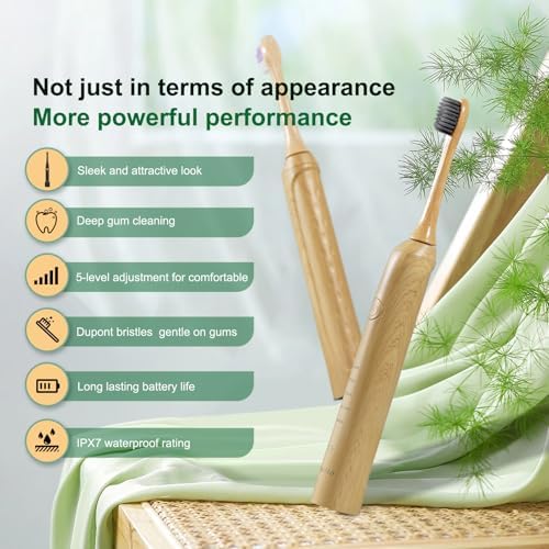Sonic Bamboo Electric Toothbrush for Adults - Rechargeable Electric Toothbrush -4 Pack Bamboo Repalcement Brush Heads| 5 Cleaning Modes Long-Lasting Battery