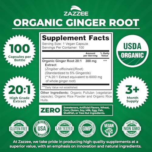 Zazzee USDA Organic Ginger Root 20:1 Extract, 5% Gingerols, 100 Vegan Capsules, 3+ Month Supply, Zingiber Officinale, Digestive & Stomach Support, All-Natural, Non-GMO, Made in the USA