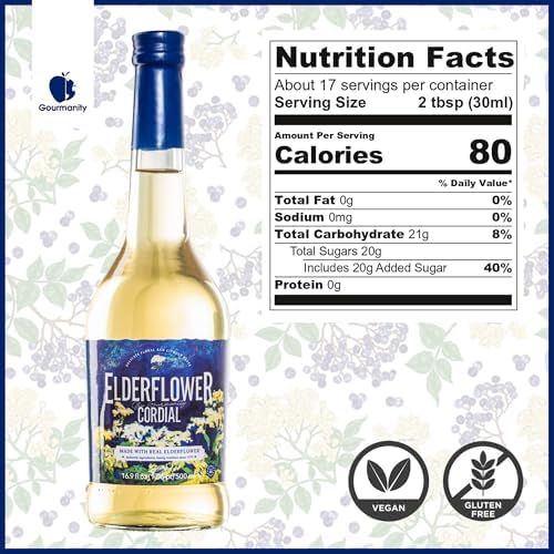 Gourmanity Elderflower Syrup, All Natural 3 Ingredient Elderflower Cordial, Floral & Fresh Elderberry Flower Syrup (500ml/16.9 fl oz Glass Bottle)