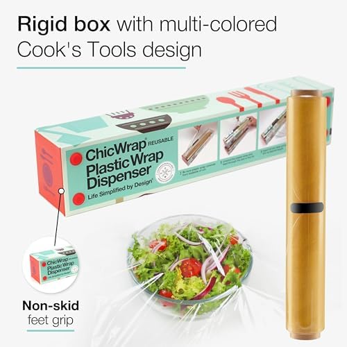 Chicwrap Cook's Tools Refillable Plastic Wrap Dispenser - One 12" x 250' Roll of Professional Grade Plastic Wrap - BPA Free and Kosher Certified - Reusable Dispenser w/Slide Cutter