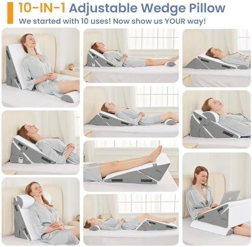 Sasttie Wedge Pillow Set for After Surgery, 2PCS Adjustable Bed Wedge Pillow Headboard with Memory Foam Neck Cushion – for Acid Reflux, Sleeping, Neck & Back Support, Dark Grey & White