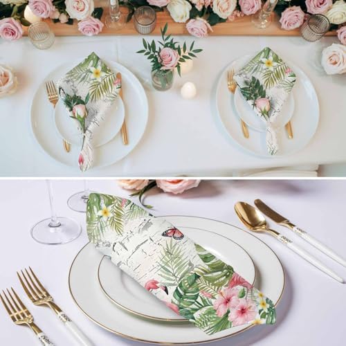 Summer Flamingo Flower Leaf Cloth Napkins Set of 6, Washable Napkins Cloth, Tropical Plant Butterfly Retro Wood Table Dinner Napkins for Kitchen Wedding Parties