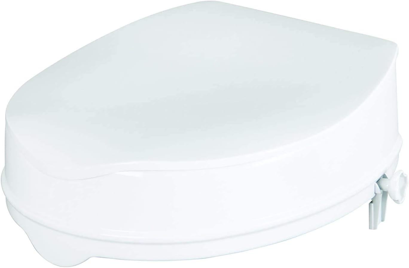 Homecraft Savanah Raised Toilet Seat with Lid, 4" Elevated Seat for Seniors, Universal Fit for Most Standard Toilets, Portable & Tool-Free, Seat Riser, Ergonomic Design, White