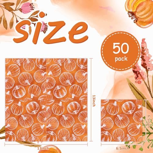 Quera 50 Pack Fall Paper Napkins Pumpkin Autumn Cocktail Napkins Thanksgiving Party Supplies Disposable Bar Napkins for Thanksgiving Party, Engagement, Baby Shower, Celebration