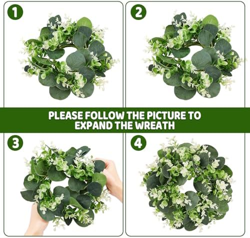 12PCS Artificial Eucalyptus Leaves Small Wreaths Green Candle Rings, Wreaths Spring Summer Greenery Garland Pillar Candle Holder for Home Wedding Party Table Centerpiece Decoration