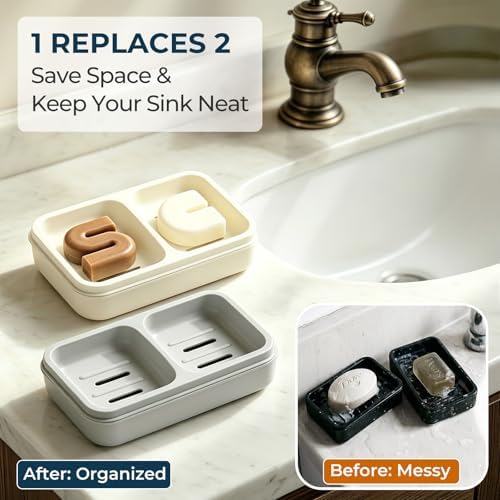 Double Soap Dish, Dual Compartment Soap Holder, Bar Shampoo Holder with Drainage Layer, Soap Tray for Bathroom, Shower, Bathtub (1pc, Gray)