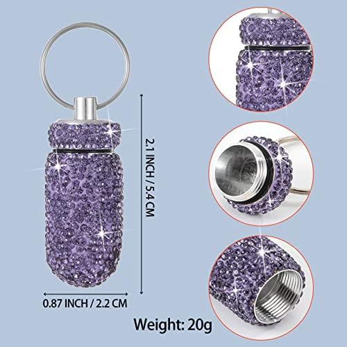 Bling Pill Case Portable Travel Pill Container Bottle Rhinestone Waterproof Small Pill Holder with Keychain Cute Mini Pill Storage Box for Outdoor Camping (White Pink Purple)