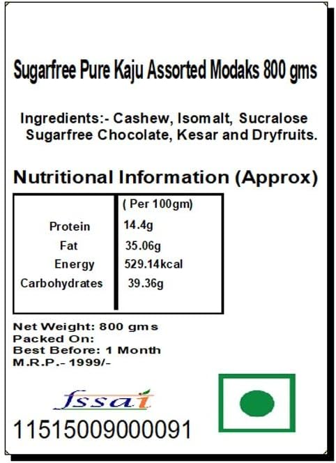 Ghasitaram Gifts Indian Sweets - Sweets Ganesha Chaturthi Gifts Modaks Sugarfree Pure Kaju Assorted Modaks 800 GMS