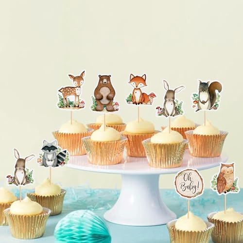 Ercadio 32 Pcs Woodland Party Cupcake toppers Picks Oh Baby Party Decorations Woodland Animals Cake Woodland Theme Baby Boy Girl Birthday Favors Woodland Party Supplies