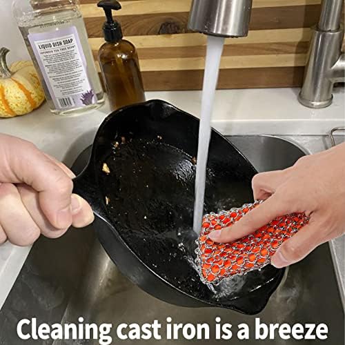 Herda 316L Cast Iron Scrubber Cleaner, Large Cast Iron Chain Mail Scrubber - Chainmail Scrubber Sponge - Metal Skillet Scrubbing, Wok, Dutch Oven Cleaning Kit-Detachable