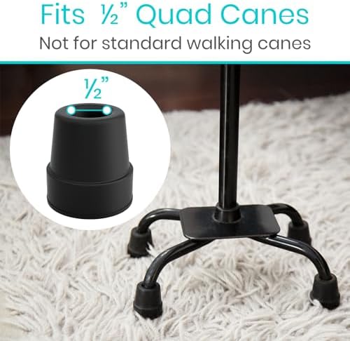 Vive Quad Cane Tips - Heavy Duty 1/2 inch Replacement Rubber Foot - Black Attachment Base Grip - Accessories for Walking and Standing Stick - Durable End for Women, Men, Seniors, Elderly