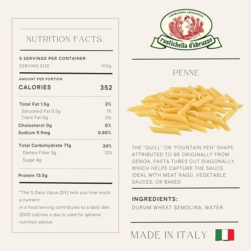 Rustichella d'Abruzzo Penne Pasta (Pack of 2), 500g Each - Classic Durum Wheat Short Quill-Shaped Pasta - Perfect for Sauces and Baked Dishes - Cooks in 10-12 Minutes - Authentic Italian Pasta