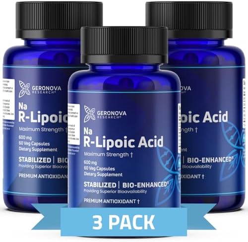 Geronova Research Bio-Enhanced R-Lipoic Acid, 600 mg Capsules - 3 Month Supply - Stabilized R Alpha Lipoic Acid with Enhanced Absorption - R Lipoic Acid Supplement - 180 Count