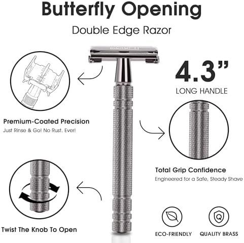 Double Edge Safety Razor for Men with 10 Disposable Blades, Butterfly Open Head Features - Washable Reusable Metal Razor, Ergonomic Design Portable Shaving Kit for Beard Shape Up - Gloss Black