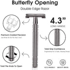 Double Edge Safety Razor for Men with 10 Disposable Blades, Butterfly Open Head Features - Washable Reusable Metal Razor, Ergonomic Design Portable Shaving Kit for Beard Shape Up - Gloss Black