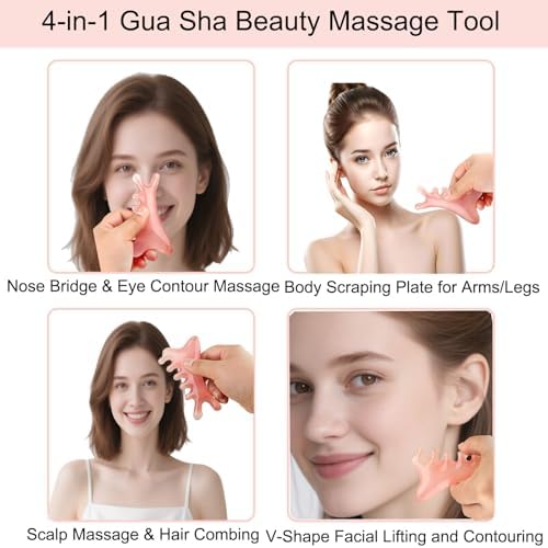 Gua Sha Facial Tools,4 in 1 Resin Head Massager Scalp Comb with Gift Pouch,Guasha Tool for Face, Eye & Body Lymphatic Drainage, Nose Sculpting&Jaw Lifting ,Gifts for Mom Girl Sister Friend (Pink)