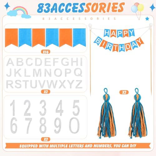 Breling 90 Pcs Custom Cake Banner Topper Set, Personalized Handmade Flag Banner Wooden Pole Alphabet Number for Birthday Wedding DIY Cake Decoration Anniversary Party Supplies (Orange Blue)
