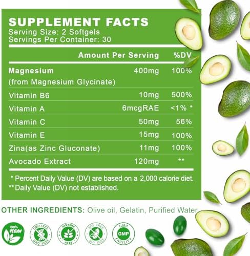 Magnesium Glycinate 400mg, High Absorption Magnesium Supplements Softgels with Vitamin E, B6, Zinc for Sleep, Calm, Muscle Relaxation & Bone Health, Gluten-Free, Non-GMO, 60 softgels