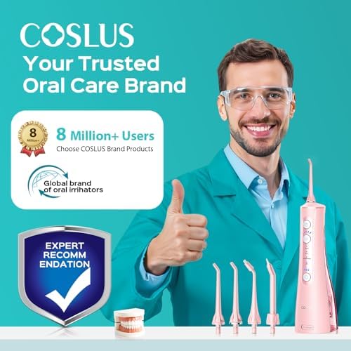 COSLUS C50 Portable Water Flosser for Teeth: 4 Modes & 5 Intensity Levels Professional Electric Dental Pick for Sensitive Gums, Braces & Orthodontic - Cordless for Travel Use, BPA-Free