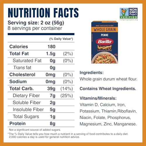 Barilla Whole Grain Penne Pasta, 16 oz. Box (Pack of 12) - Non-GMO, Made With 100% Whole Grain Durum Wheat - Great Source of Fiber