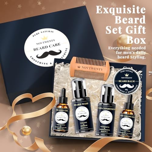 Beard Growth Kit - 7 Pc Kit, Includes Wash, Oil, Conditioner, Balm, Comb, Gift Box Set for Men