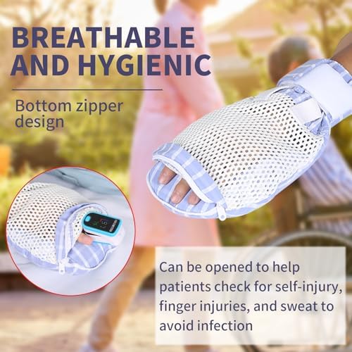 Dementia Restraint Gloves Zipper Opening for Prevent Scratching Harm,Control Mitts for Elderly, Fingers Protection Dementia Products, Breathable,Reusable and Washable - 2Pcs