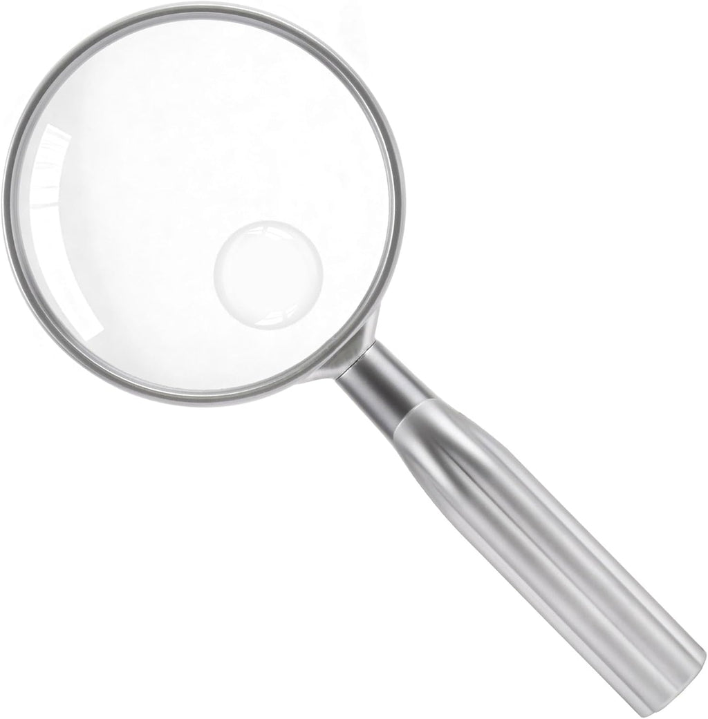 Lakei Magnifying Glass,10X Handheld Reading Magnifying Glass， 75mm Shatter Resistant Lens, Non-Slip Handle, Suitable for Elderly Reading, Adults Close Work, Hobbies and Science (Silver)