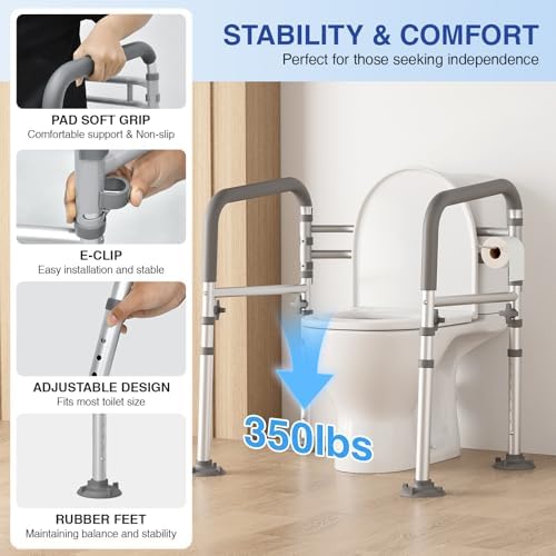 Loyoda Foldable Toilet Safety Rails for Seniors - Adjustable Toilet Safety Frame & Toilet Handles for Elderly & Disabled, Fits Most Toilets, 350lb Capacity, Gray
