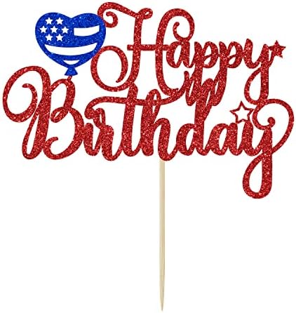 4th of July Happy Birthday Cake Topper, 4th of July Cake Decorations, Happy Birthday America, Patriotic Birthday Party Decorations, Red and Blue Glitter
