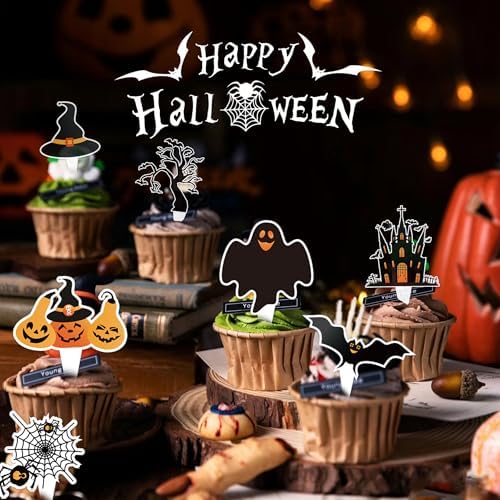 73pcs Halloween Cupcake Toppers Trick Or Treat Cake Topper For Halloween Birthday Decoration Witches Pumpkin Bat Ghost Party Supplies