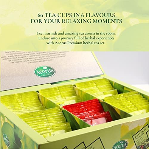 ACORUS Premium Tea Set - Natural Herbal Tea Variety Pack, Gift Set of 6 Different Teas, 60 Bags Individually Wrapped, Herbal Sampler Box