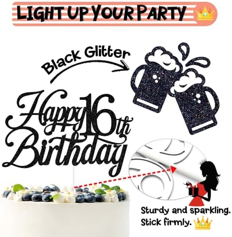 Black Glitter Happy 16th Birthday Cake Topper, Cheers to 16 Years/Level 16 unlocked/Holy Sh*t You're 16, 16th Birthday Party Decorations for Boys Girls