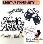 Black Glitter Happy 16th Birthday Cake Topper, Cheers to 16 Years/Level 16 unlocked/Holy Sh*t You're 16, 16th Birthday Party Decorations for Boys Girls