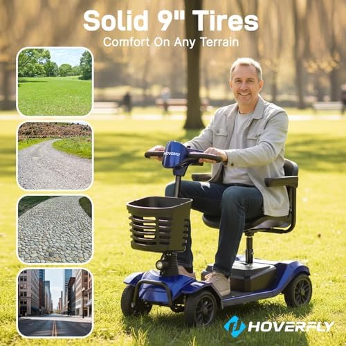 Hoverfly T4 Mobility Scooter for Seniors, Max 12.4-Mile Range & 3.7 mph, 3-Position Seat & Anti-slip Rear Wheel, Removed Battery&Quick Fold Design, Solid 9" Tire&330 lb Capacity, Ease of Assembly Blue