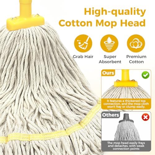 Indoor Mop with Strings for Floor Cleaning, Cotton Mops with 59” Long Handle Household String Mop for Hardwood Wood Tile Floors Cleaning,1 Mop Handle & 1 Cotton Mop Head