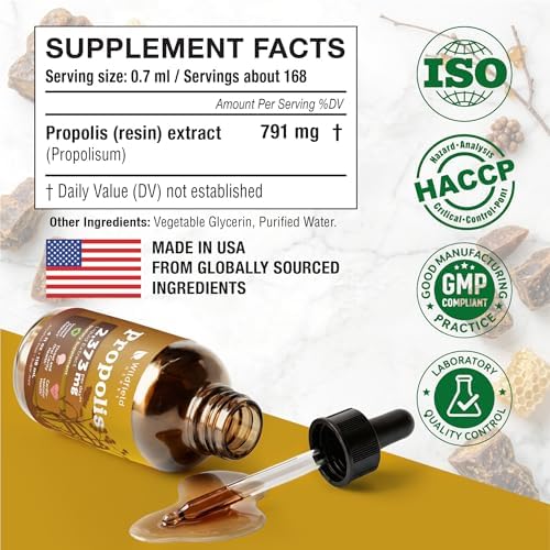 4 Oz Bee Propolis Extract Liquid Drops - Immune Support & Throat Soothing | 2 Month Supply | - Made in USA - Propolis Supplement - Alcohol & Sugar Free