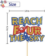 Reach Four the Sky Cake Topper - Kid 4th Birthday Cake Supplies - Four Years Old - Outer Space Birthday Party Decoration - Navy Blue Glitter