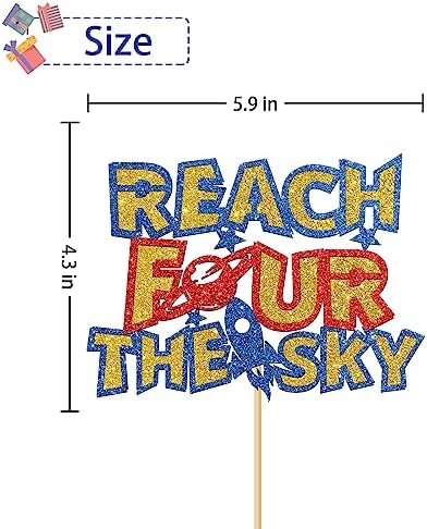 Reach Four the Sky Cake Topper - Kid 4th Birthday Cake Supplies - Four Years Old - Outer Space Birthday Party Decoration - Navy Blue Glitter