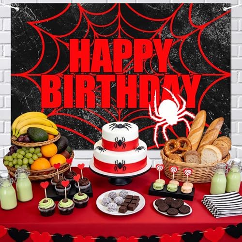 Black Red Spider Web Happy Birthday Backdrop - Gothic Web Pattern Photo Banner for Boys Birthday Party, Dark Theme Celebration, Spooky Baby Shower, Dramatic Photography Background 72x43 Inch