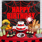Black Red Spider Web Happy Birthday Backdrop - Gothic Web Pattern Photo Banner for Boys Birthday Party, Dark Theme Celebration, Spooky Baby Shower, Dramatic Photography Background 72x43 Inch