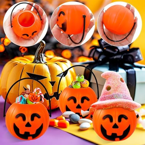 24PCS Mini Halloween Pumpkin Candy Buckets,Portable Pumpkins Palstic Buckets Cauldron for Trick or Treat Party Favors Decor Supplies 2.8in